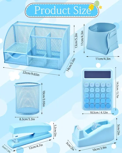 Vista 6 de 23 piezas de accesorios y organizadores de escritorio azules con organizador de malla, engrapadora, dispensador de cinta, calculadora y muchos
