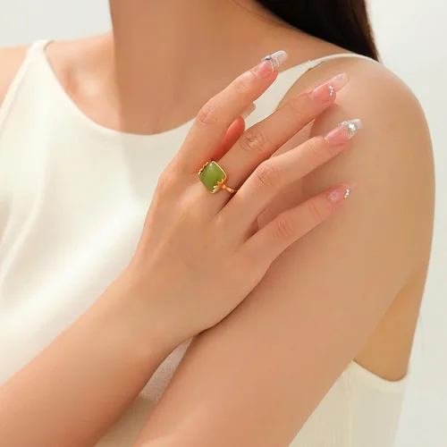 Vista 3 de Zaycca Anillos chinos de jade de bambú para mujer, anillo étnico de cobre chapado en oro ajustable con apertura, Esmalte, No