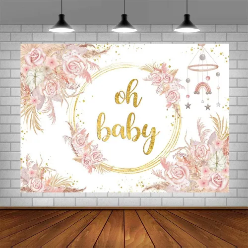 Vista 4 de SENDY Telón de fondo bohemio de 7 x 5 pies para niña, diseño floral rosa para baby shower, decoración de fiesta de baby shower, fiesta de baby