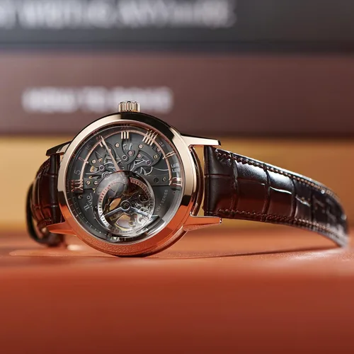 Vista 2 de OBLVLO Relojes de oro rosa de lujo para hombre, esfera esquelética, relojes automáticos, correa de cuero VM-1