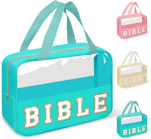 Vista 11 de izuzta Bolsas de maquillaje transparentes tipo tote con letras de chenilla, bolsa de maquillaje preppy con asa, Moda