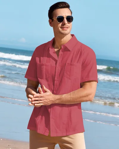 Vista 3 de Guayabera - Camisas para hombre, estilo cubano, camisas de lino con botones para hombre