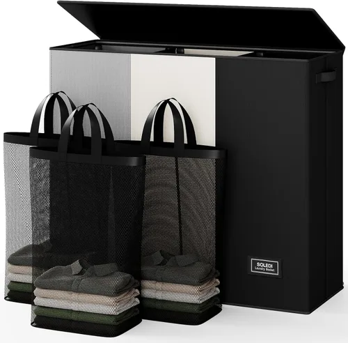Vista 22 de SOLEDI Cesta de lavandería de 3 secciones de 180L con tapa, cesta de ropa sucia extragrande con asas resistentes para lavandería y dormitorio