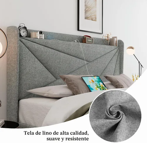 Vista 6 de Feonase Marco de cama King, marco de cama tapizado con puertos tipo C y USB, estante con respaldo de alas, soporte de listones de madera maciza,
