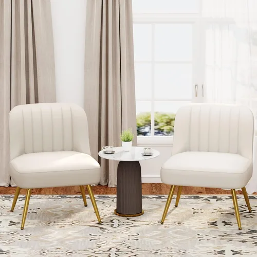 Vista 4 de ALISH Juego de 2 sillas decorativas de piel sintética, tapizadas, modernas sillas laterales sin brazos con patas de metal (color beige, juego de 2)