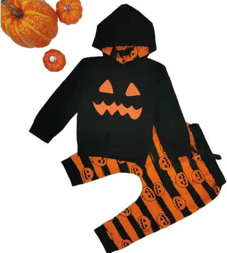 Vista 5 de Ropa de bebé de Halloween ropa con capucha para niños pequeños sudadera con estampado de cara de calabaza pantalones largos para bebé conjunto de 2
