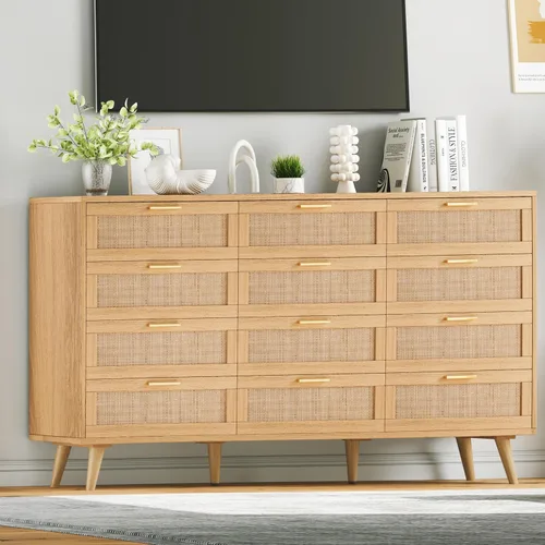 Vista 6 de Rovaurx Cómoda doble de 12 cajones para dormitorio, cómoda de ratán, cómoda de madera moderna con asas doradas, mesa auxiliar para armario, sala