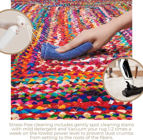 Vista 6 de RAJRANG Alfombra reversible Chindi de trapo, de algodón de 2 x 3 pies, hecha a mano, trenzada, multicolor, alfombra bohemia