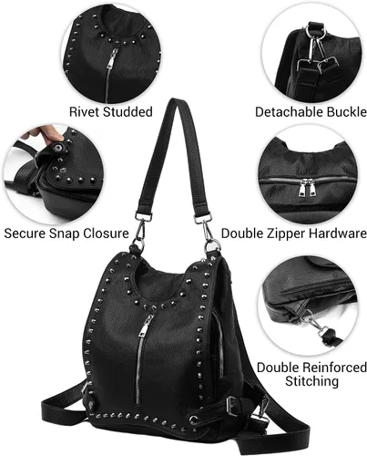 Vista 3 de Mochila de cuero para mujer, diseño de moda, de viaje, convertible, con borla, estilo acolchado, 01 Negro, Tachuelas