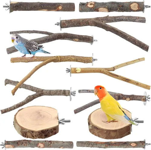 Vista 12 de 5 piezas de percha de madera natural para pájaros - Juego de perchas de rama recta y bifurcada, accesorios para jaula de pájaros para aves pequeñas