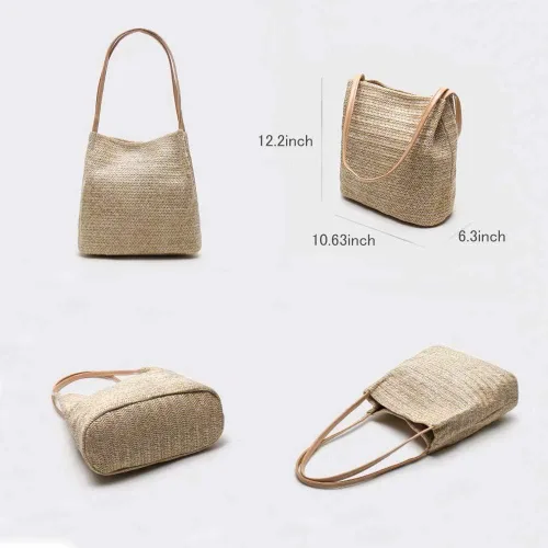 Vista 4 de Aphoraeny Bolsa de playa de paja para mujer, bolsa de hombro, bolso de mano para mujer