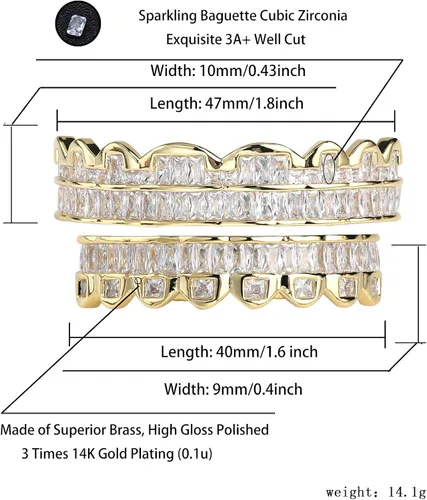 Vista 4 de TOPGRILLZ Parrillas superiores e inferiores bañadas en oro de 14 quilates para tus dientes Hip Hop para hombres, Circonita cúbica