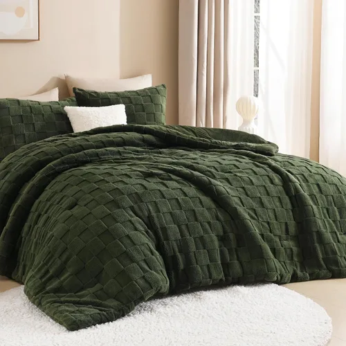 Vista 8 de Litanika - Juego de edredón esponjoso tamaño individual color beige, 3 piezas, ropa de cama de sherpa de felpa cálida para invierno, juego de cama