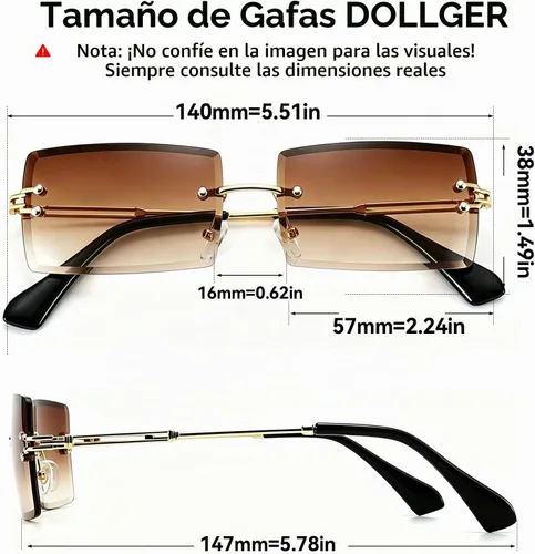 Vista 7 de Lentes rectangulares de sol Dollger, sin marco, cuadrados, ultraligeros, UV 400, a la moda, unisex. A: marrón oscuro