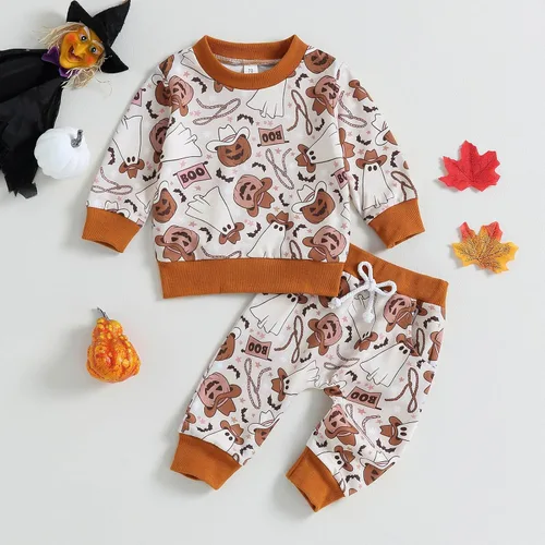 Vista 2 de Conjunto de sudadera de calabaza para niñas pequeñas de Halloween y pantalones cálidos, ropa de otoño e invierno