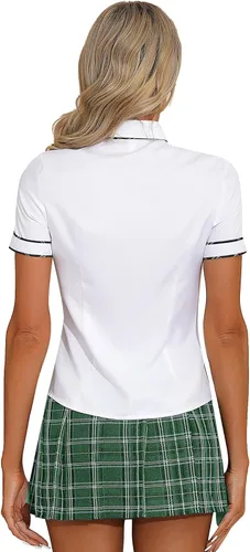 Vista 3 de Moily Women's Cosplay Uniforms Short Sleeve Lapel Collar Shirts Blouses with Pleated Skirt and Tie Verde