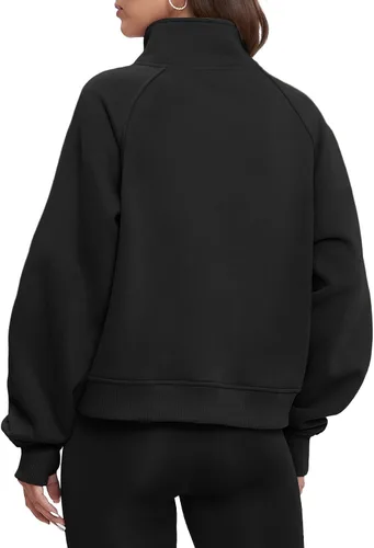 Vista 3 de ATHMILE Sudaderas para mujer, sudaderas cortas con capucha y media cremallera, forro polar, suéter con cremallera de un cuarto, suéter de moda