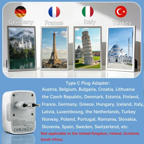 Vista 4 de Adaptador de corriente de viaje europeo con carga de 4 puertos 2 puertos USB-C de 20 W y 2 USB A de 18 W de carga rápida Enchufe de la UE