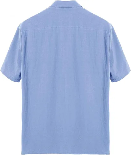 Vista 3 de Camisa casual de algodón y lino con botones para hombre, ajuste regular, bordado, borde bordado, manga corta, camisa de playa