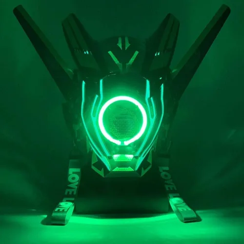Vista 2 de LIGUOGUO Máscara verde Cyberpunk para hombre, con luz LED, futurista, máscara de cosplay de cara completa, para fiesta de máscaras, Halloween