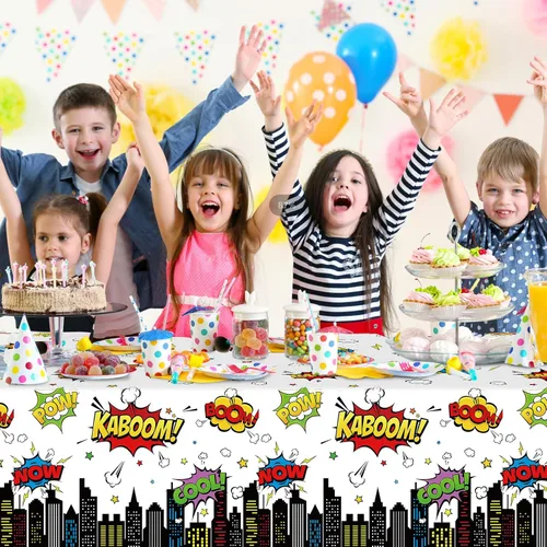 Vista 6 de 3 manteles de fiesta de cumpleaños con temática de héroes, mantel rectangular desechable de plástico de paisaje urbano blanco Super Bang para baby