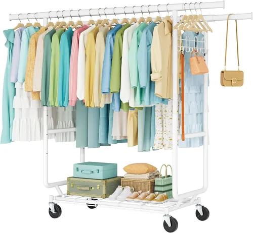 Vista 12 de Hoctieon Perchero de doble varilla de montaje en 2 minutos, estante resistente para ropa con ruedas, plegable para uso comercial, barra extensible