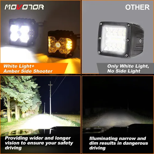 Vista 3 de MOVOTOR Side Shooter LED Pods Amber Luces de conducción estroboscópicas para camión, 4 x 4, ATV IP68 Waterproof,Solid & Strobe Amber,6500K White