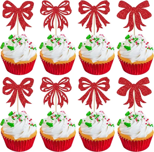 Vista 24 de Paquete de 24 Adornos Navideños Oh Baby para Cupcakes con Sombrero de Navidad con Purpurina, Palillos de Comida para Baby Shower para Niños y Niñas