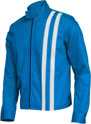 Vista 2 de CHICAGO-FASHIONS Chaqueta de motociclista de algodón para hombre, diseño de rayas clásicas y retro de Speed Racer, regalos para hombres adultos, Azul