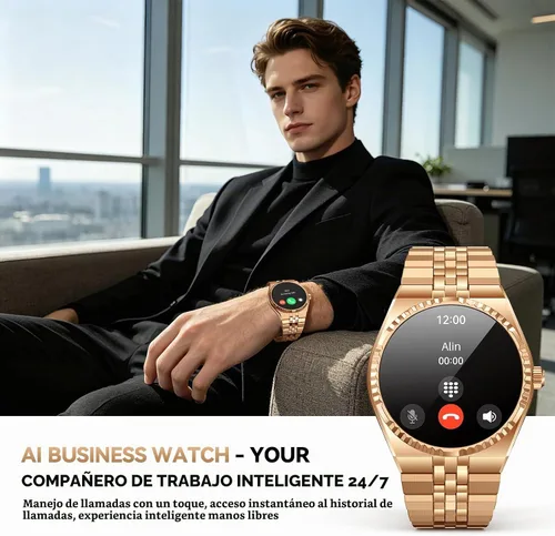 Vista 4 de Reloj inteligente de lujo para negocios, pantalla AMOLED HD de 1.32 pulgadas, llamadas Bluetooth 5.4, correa de acero inoxidable, más de 160 modos