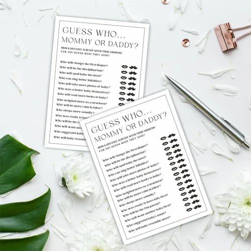 Vista 3 de Juego de 30 juegos de fiesta de baby shower de 5 x 7 pulgadas, minimalismo en blanco y negro, juego de mamá o papá para los deseos de los invitados