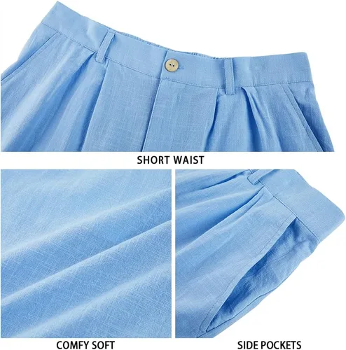 Vista 5 de Runcati Pantalones cortos de algodón y lino con parte delantera plana con botones y cintura elástica, ajuste regular, pantalones cortos de playa