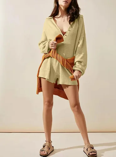 Vista 3 de KIDDAD Enterizo de suéter para mujer, trajes de otoño 2023, a la moda, largo, Henley, cuello en V, overol de punto para descansar