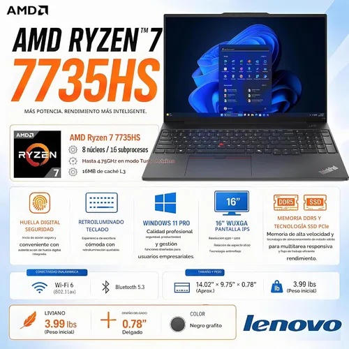 Vista 10 de Lenovo ThinkPad E16 Gen 2 AMD Ryzen 7 7735HS 16 FHD+ 16GB 512GB SSD Laptop
