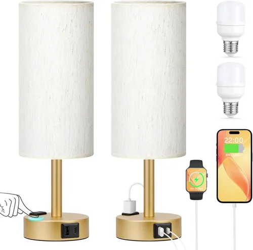 Vista 14 de Juego de 2 lámparas de mesa táctiles para dormitorio en blanco, lámparas de noche regulables de 3 niveles con puertos USB C y A, lámparas de mesita