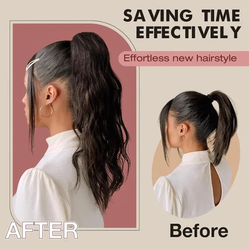 Vista 6 de Felendy Extensión de cola de caballo de 18 pulgadas, mezcla de rubio ceniza, marrón oscuro, rizado, ondulado, con clip, extensiones de cabello largo