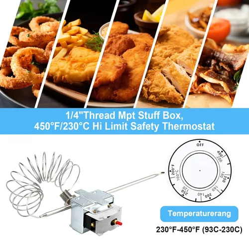 Vista 7 de PP10084 Interruptor de freidora de termostato de límite alto compatible con freidora Pitco, rosca de 1/4 de pulgada Mpt Stuff, 450°F/230°C Hi Limit