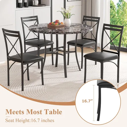 Vista 5 de VECELO Juego de 4 sillas de comedor de metal, patas de acero y asientos acolchados de piel sintética para cocina, sala de estar, color negro
