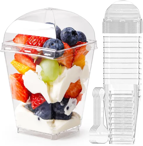 Vista 10 de YunKo - Paquete de 50 tazas de postre con tapas y cucharas de plástico