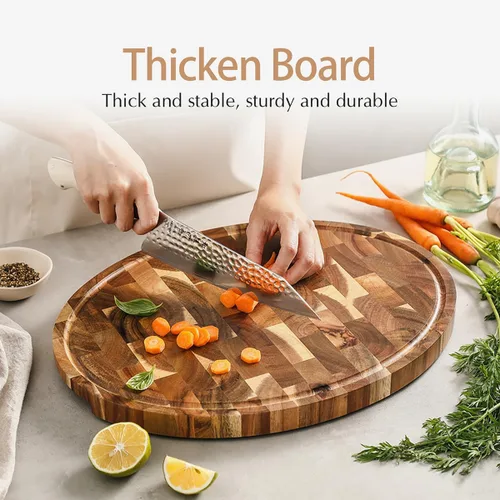 Vista 5 de HEZHEN Tabla de cortar, Tabla de cortar grano de madera final, ranuras y mango integrados para jugo, tablero de servir ovalado de madera de acacia