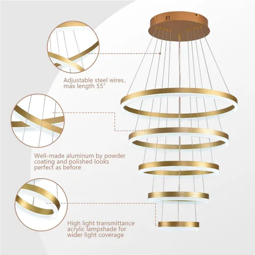 Vista 5 de Candelabro moderno dorado de 5 anillos regulable LED, altura ajustable para colgar en el techo para comedor cocina