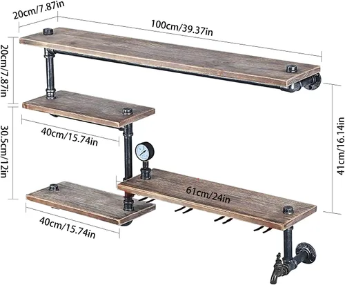 Vista 7 de Estante de vino montado en la pared, estantes industriales para vino, montado en la pared con soporte para vidrio de 4 vástagos, soporte