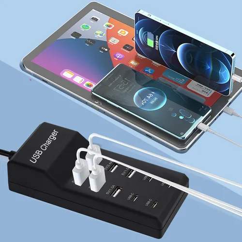 Vista 3 de Cargador USB, estación de carga USB de 50 W con 10 puertos (6 puertos USB-A y 4 puertos USB-C) compatible con iPhone 15/14/13/12/11/X/8/7/6