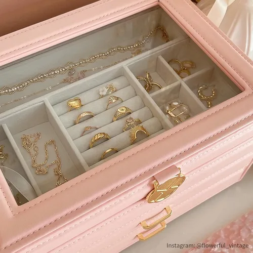 Vista 6 de Vlando Joyero para niñas y mujeres, organizador de joyas con tapa de vidrio con 2 cajones para regalos, almacenamiento grande de 3 capas