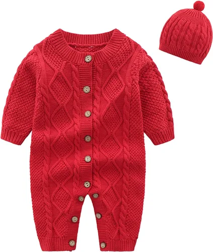 Vista 8 de Conjunto de suéter de punto tipo romper para bebé recién nacido niño de algodón de manga larga con gorros cálidos de invierno para niños Set beige.
