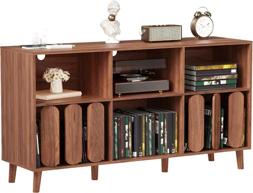 Vista 3 de Soporte grande para tocadiscos, mesa de tocadiscos, soporte de almacenamiento de discos de vinilo, organizador de armarios con toma de corriente