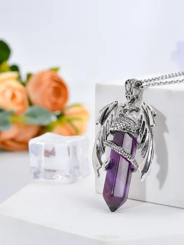 Vista 9 de Collar de dragón – Colgante hexagonal de plata envuelto en cristal con cristal natural – Joyería genial para hombres y mujeres