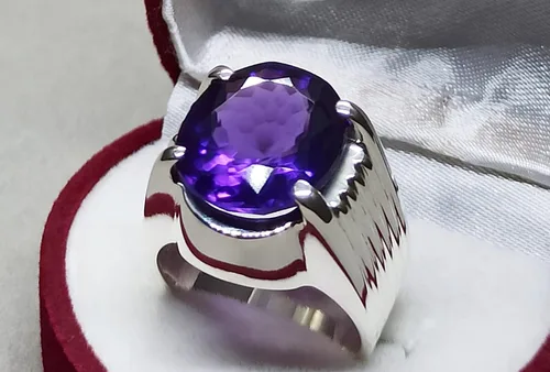 Vista 5 de Oval Cut 12 Carat Deep Purple Amethyst Mens Plain Ring Sterling Silver 925 Handmade Amethyst Ring Gift for Him