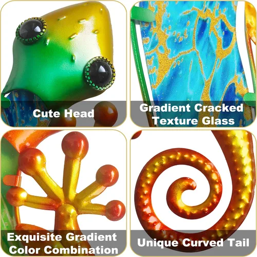 Vista 3 de Arte decorativo de Gecko de pared de metal, 14 pulgadas, paquete de 2 Diseño de escalada 3D, escultura de vidrio decorativa, lagarto colgante