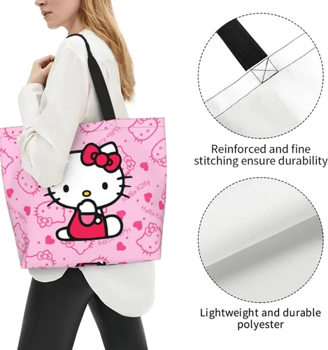 Vista 4 de Bolso de mano Kawaii rosa con gato para mujer, lindo bolso de hombro grande, bolso cruzado para el trabajo, viajes, compras